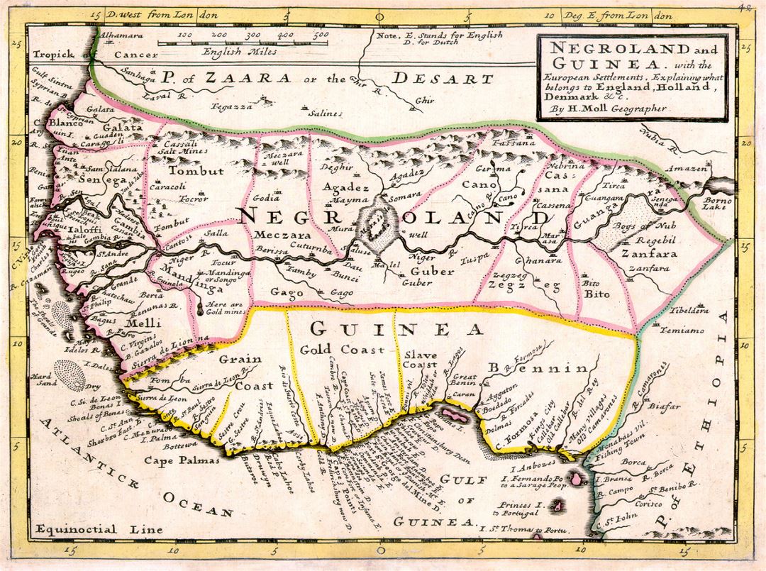 Detailed old map of Negroland and Guinea with the European Settlements - 1736