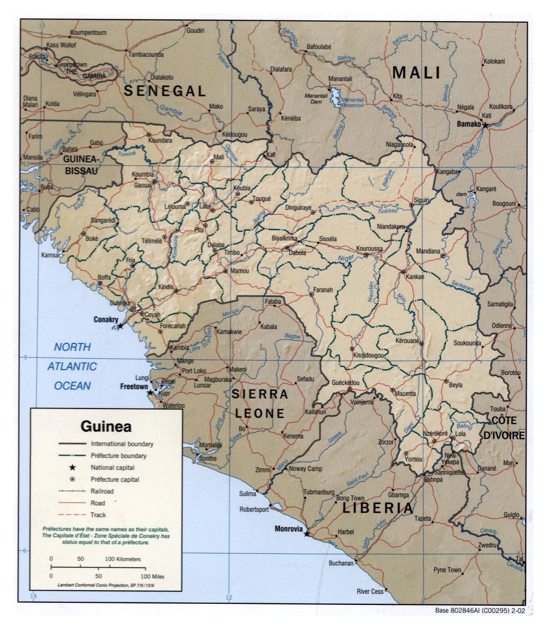 Large detailed political and administrative map of Guinea with relief, roads, railroads and cities - 2002
