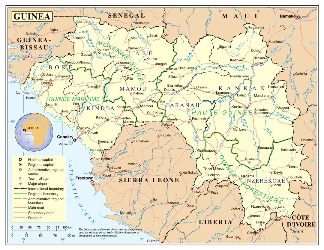 Large detailed political and administrative map of Guinea with roads, railroads, cities and airports