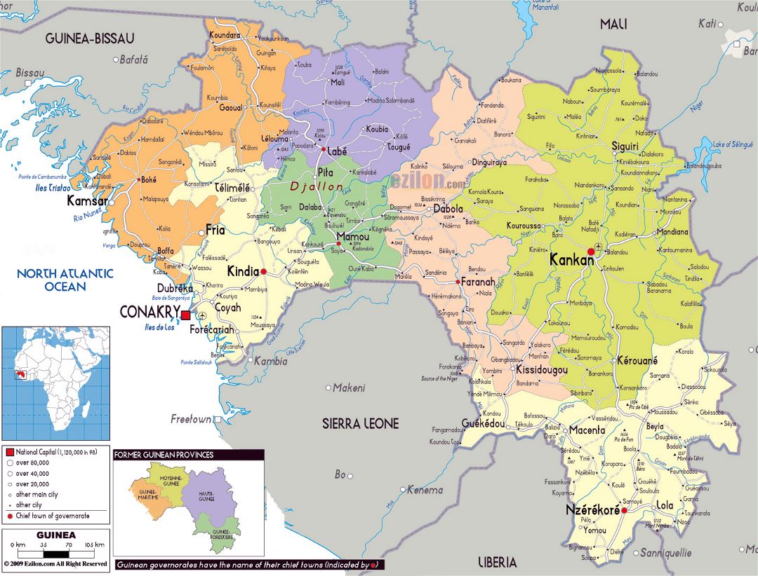 Large political and administrative map of Guinea with roads, cities and airports