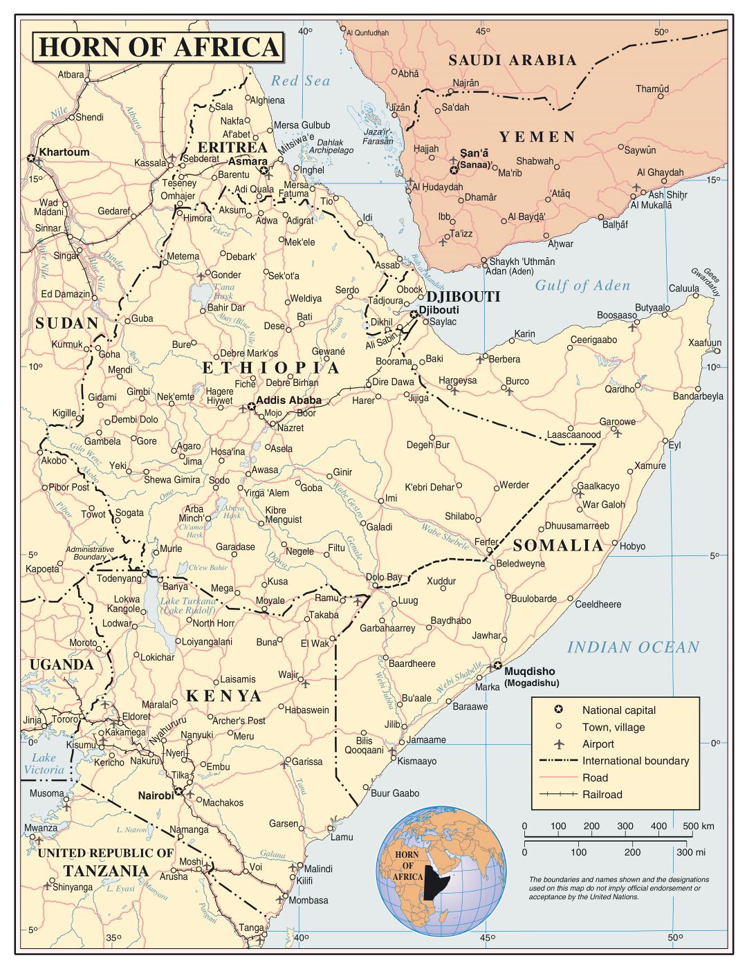 Large detailed political map of Horn of Africa with roads, railroads, cities and airports