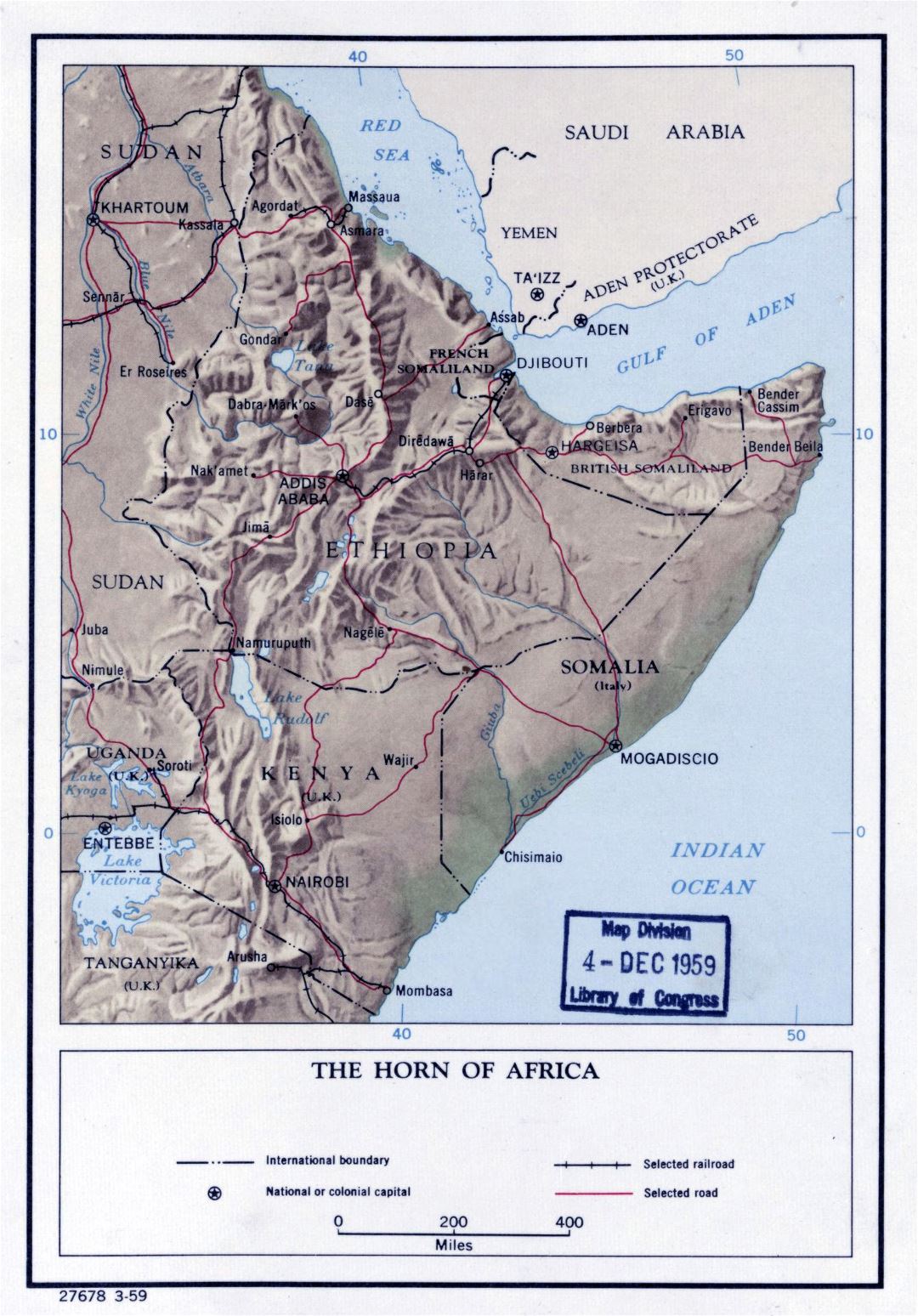 Large detailed political map of the Horn of Africa with relief - 1959