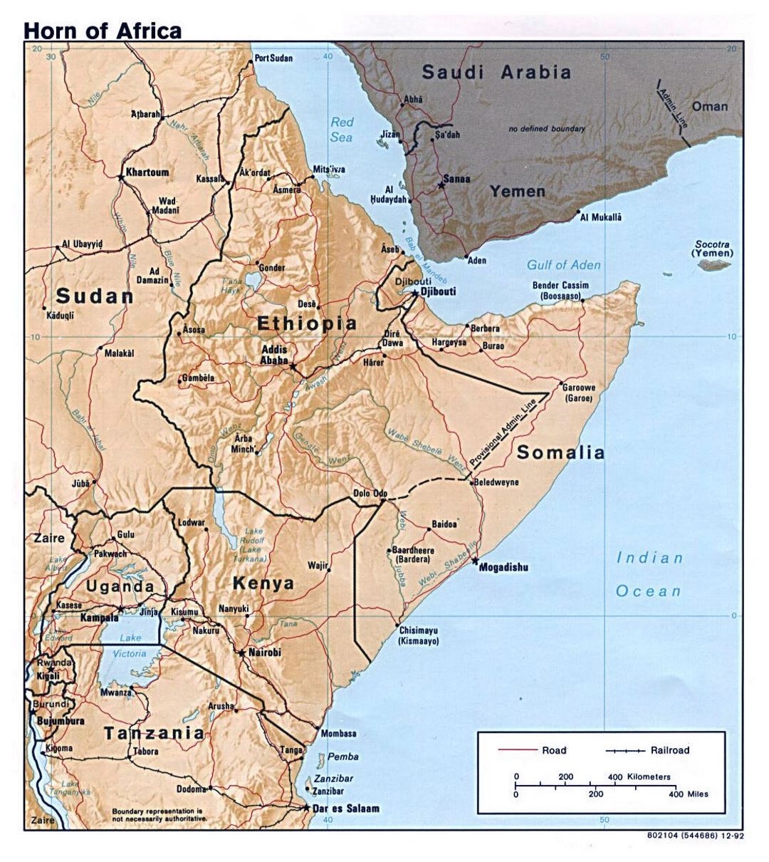 Large political map of Horn of Africa with relief - 1992