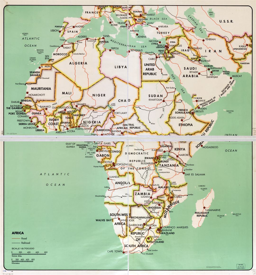 In high resolution detail political map of Africa with the marks of capital cities, large cities, major roads, railroads and names of countries - 1966