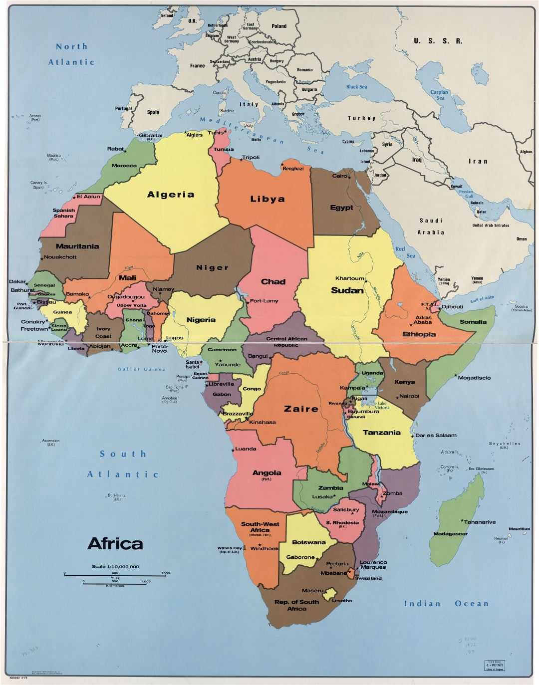 In high resolution detailed political map of Africa with the marks of capital cities and names of countries - 1972