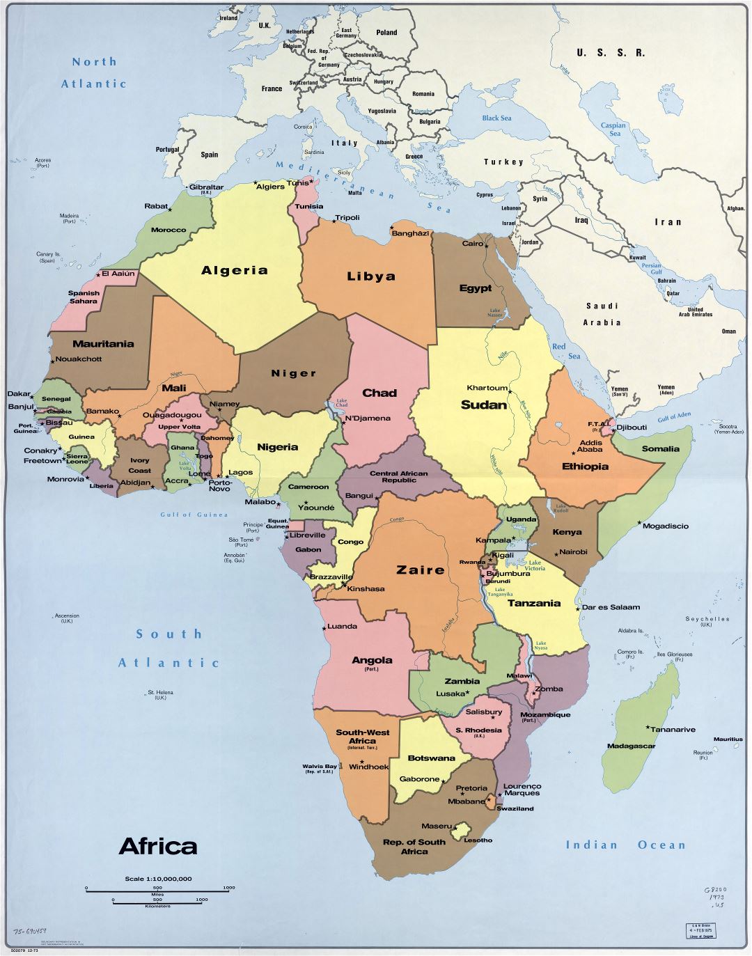 In high resolution detailed political map of Africa with the marks of capitals and names of countries - 1973