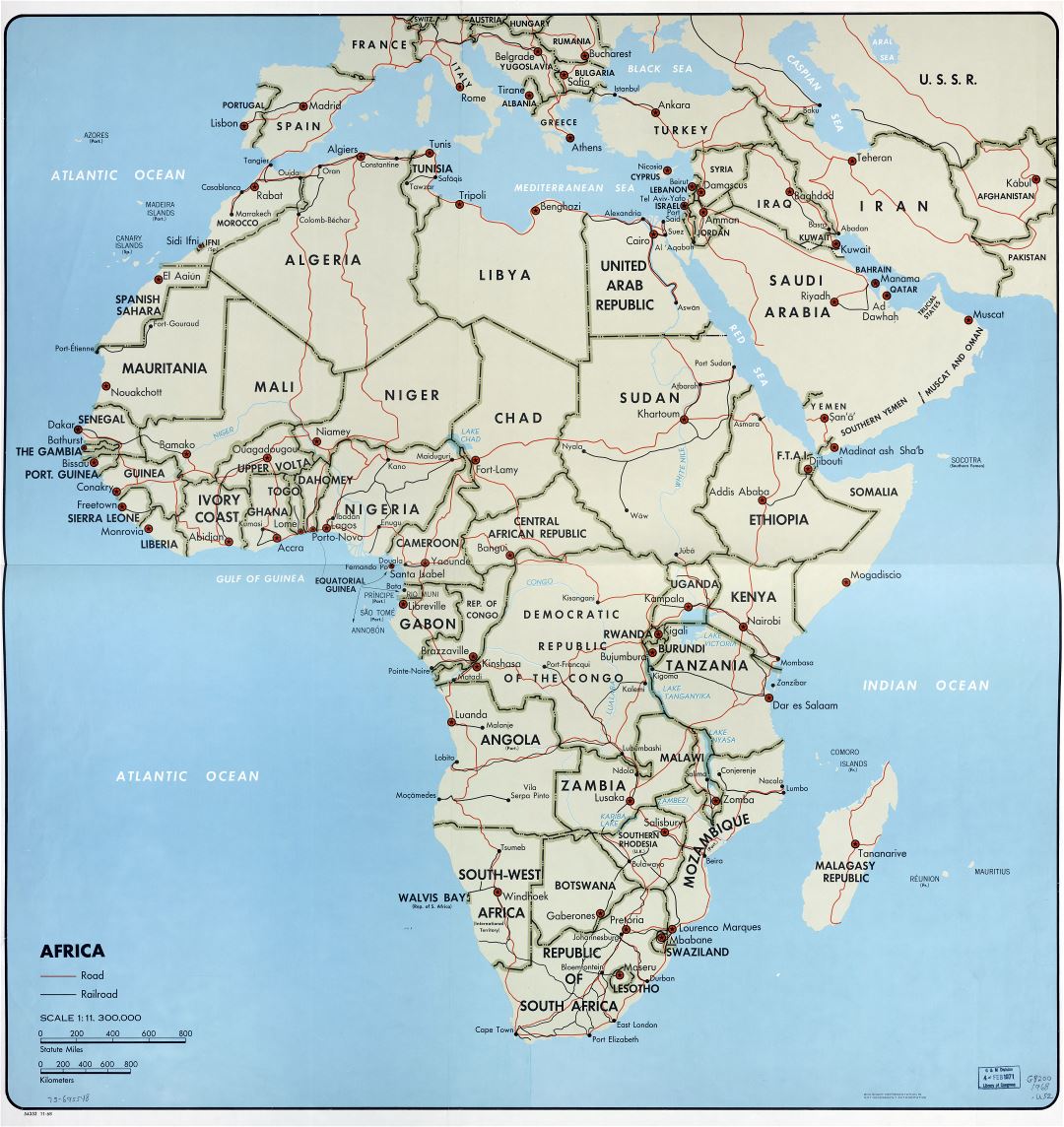 In high resolution detailed political map of Africa with the marks of capitals, major cities, major roads, railroads and names of countries - 1968