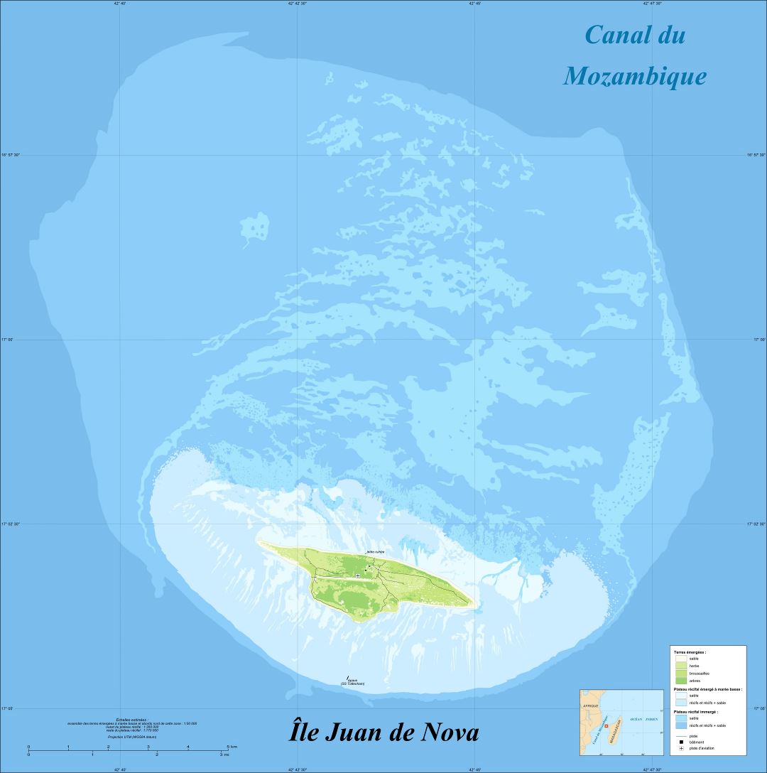 Large detailed elevation map of Juan de Nova Island in french