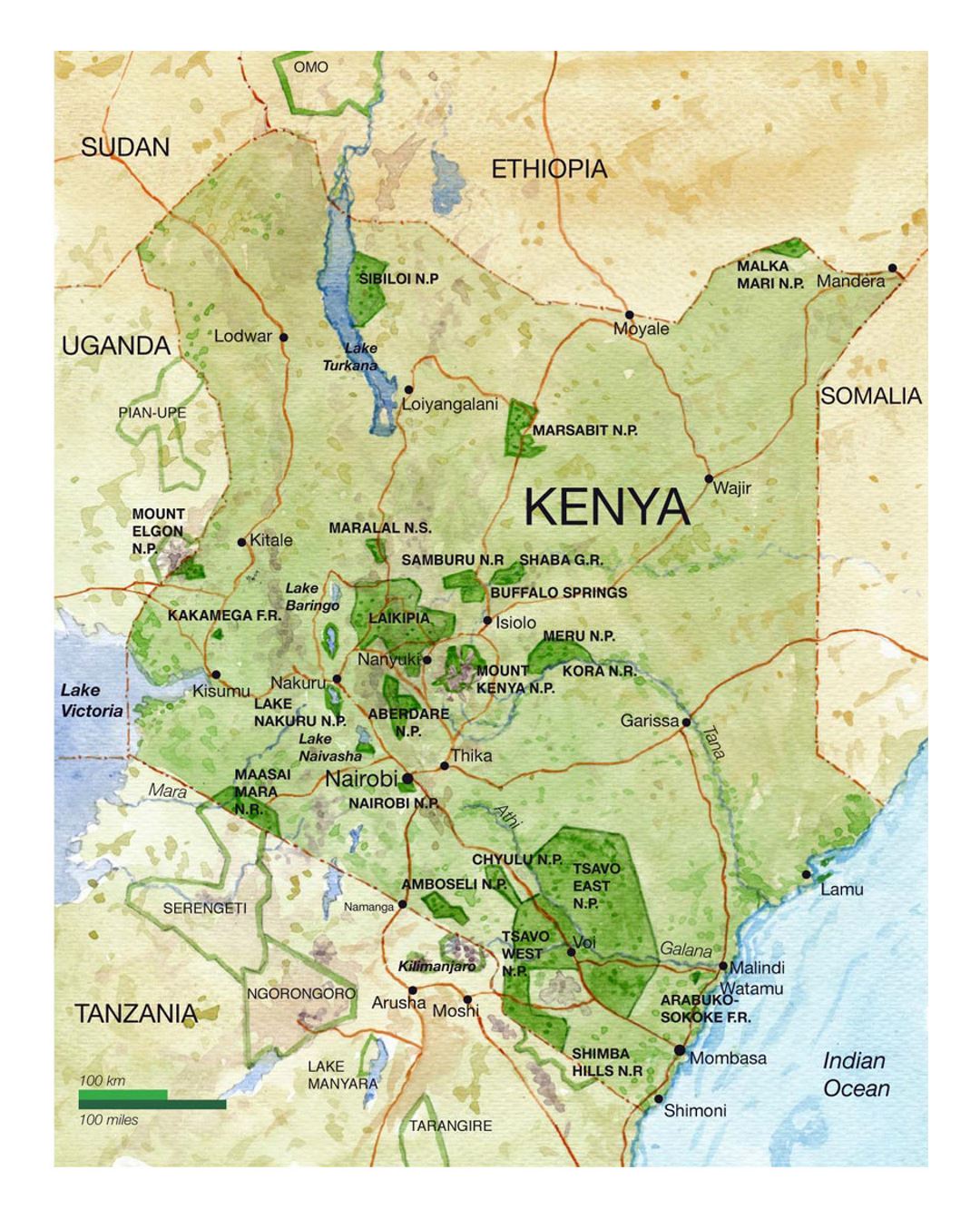 Detailed national parks map of Kenya
