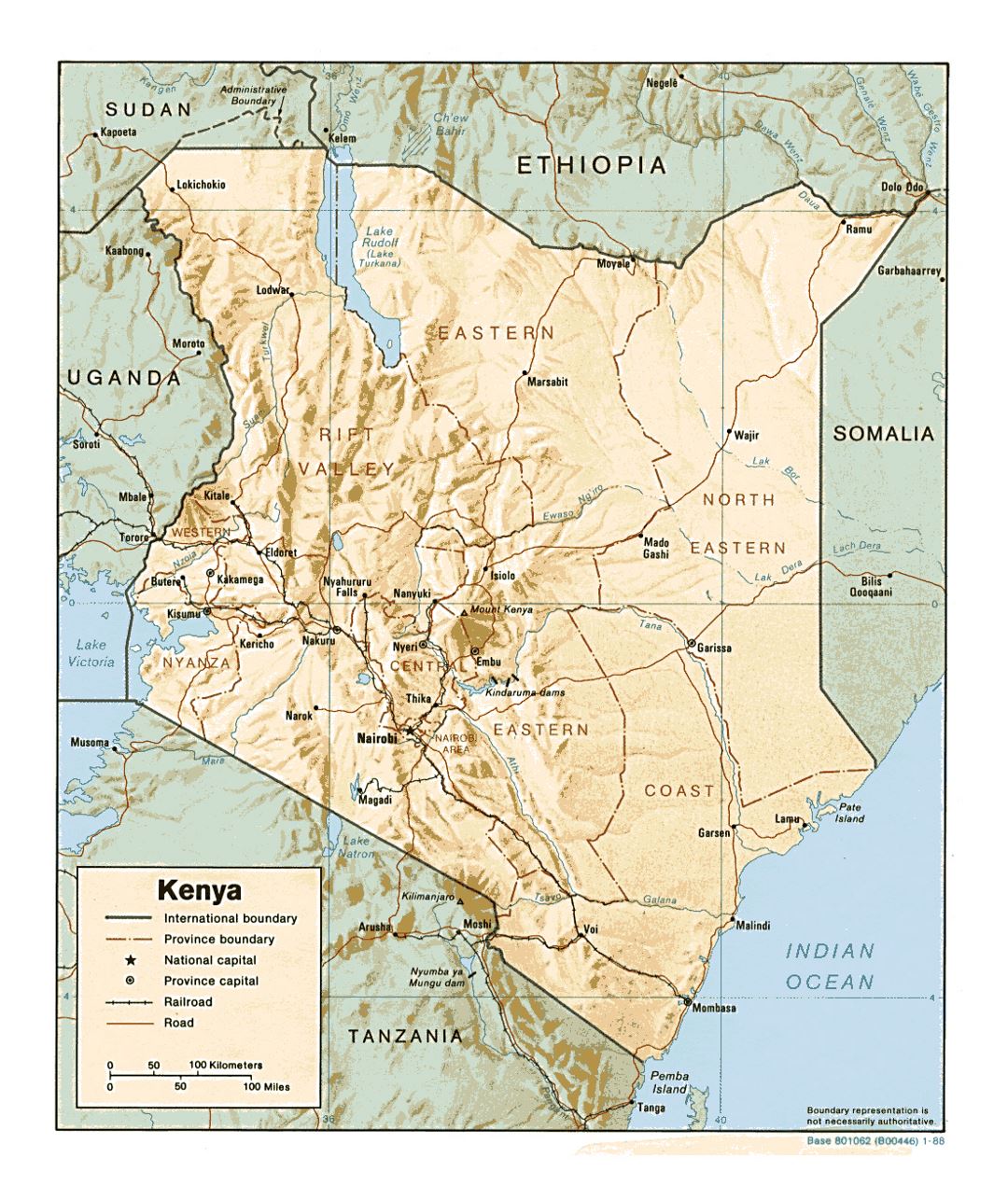 Detailed political and administrative map of Kenya with relief, roads, railroads and major cities - 1988