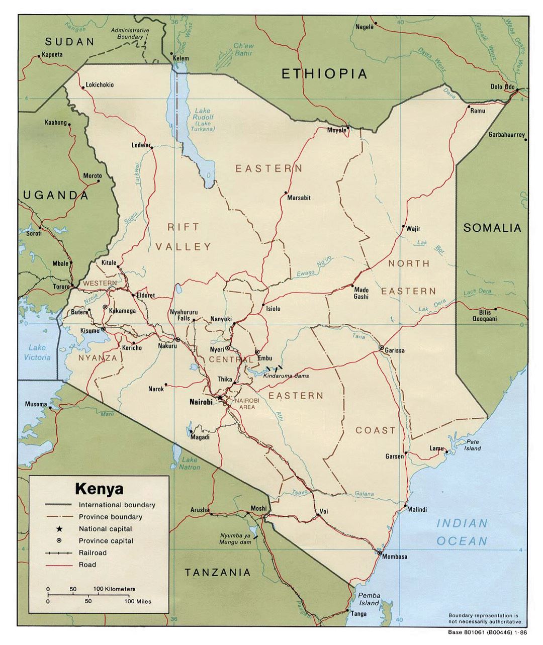 Detailed political and administrative map of Kenya with roads, railroads and major cities - 1988