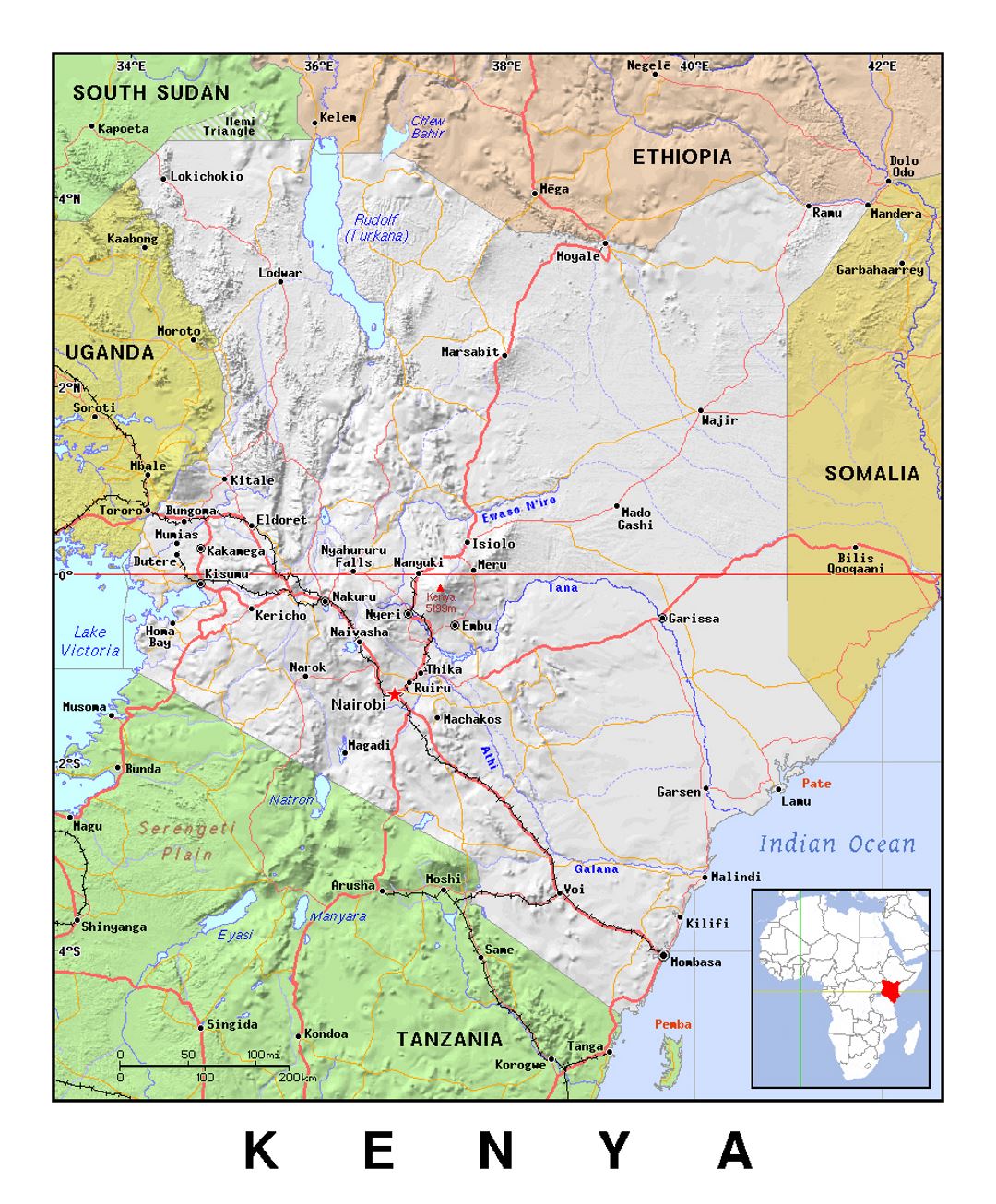 Detailed political map of Kenya with relief