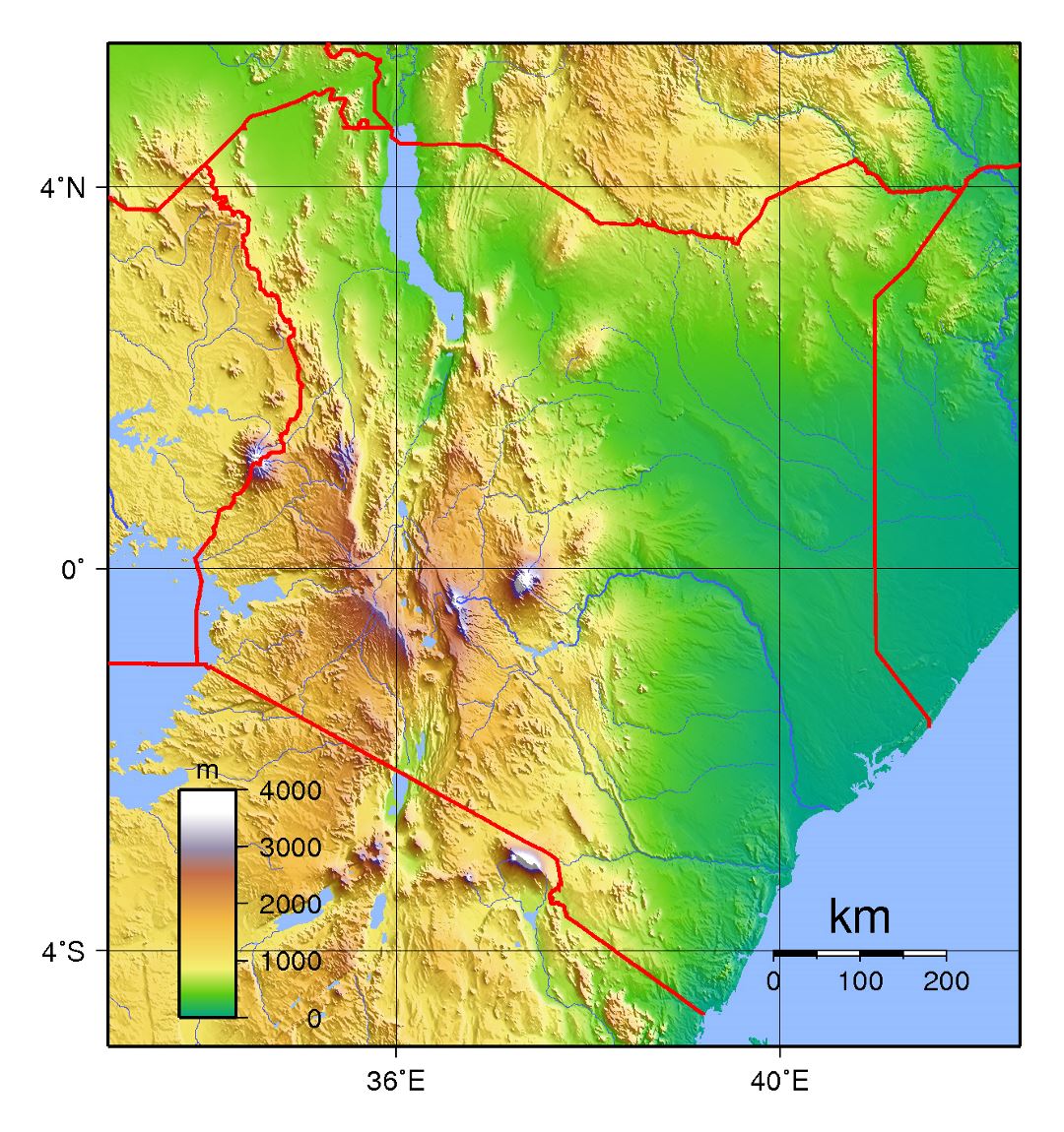 Detailed topographical map of Kenya