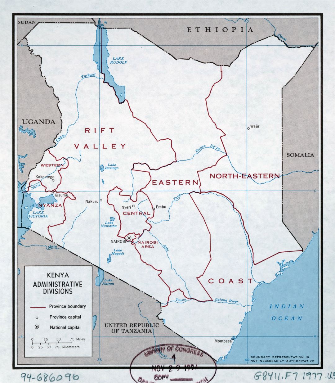 Large detailed administrative divisions map of Kenya - 1977