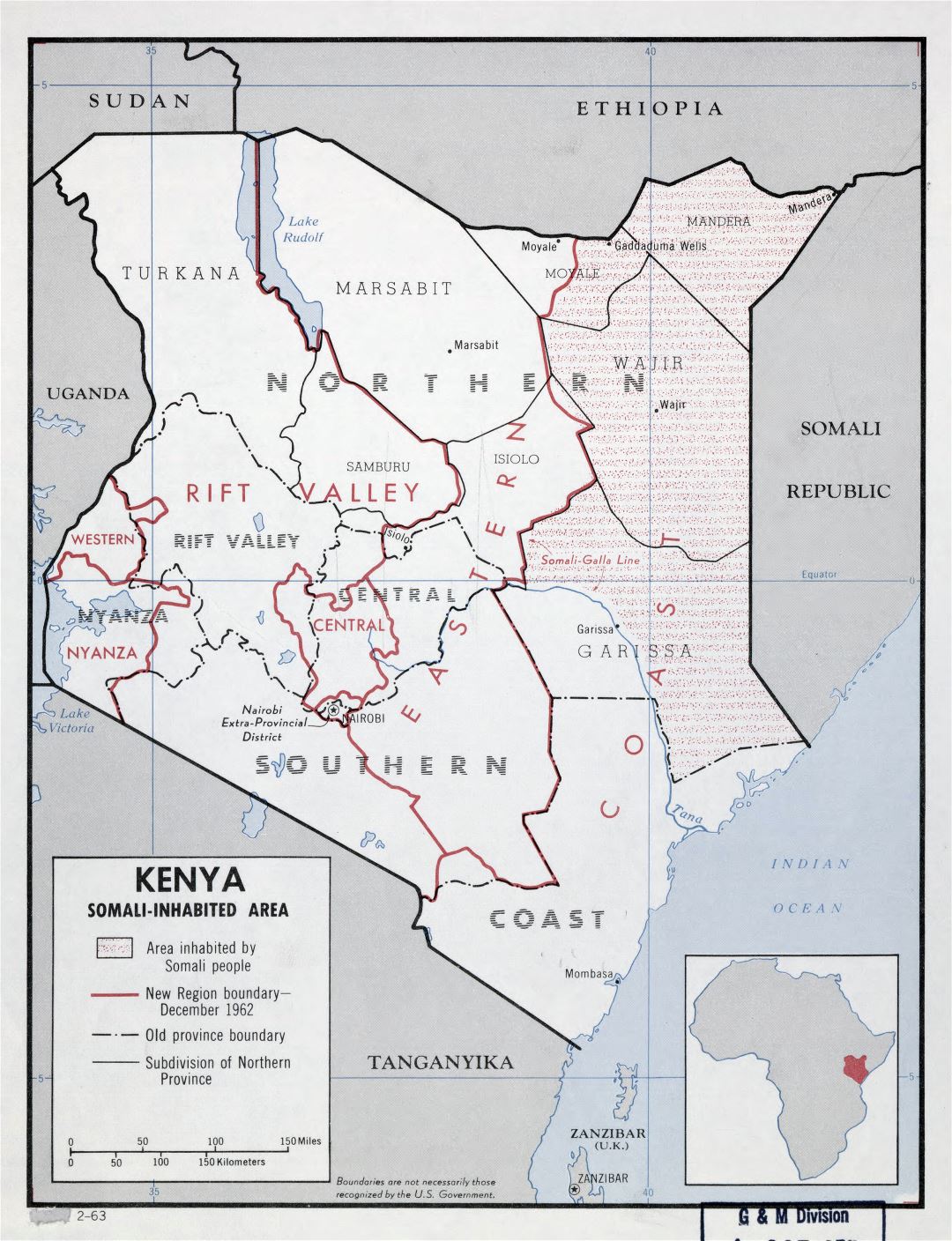Large detailed map of Kenya with Somali Inhabited Area - 1963