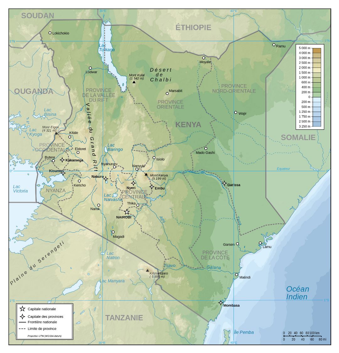 Large detailed physical map of Kenya