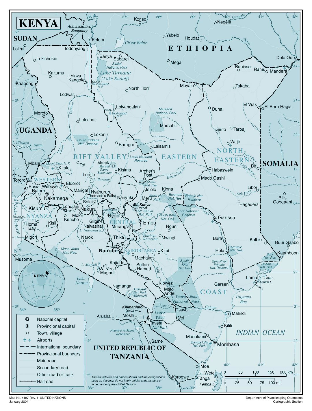 Large detailed political and administrative map of Kenya with all cities, roads, railroads and airports