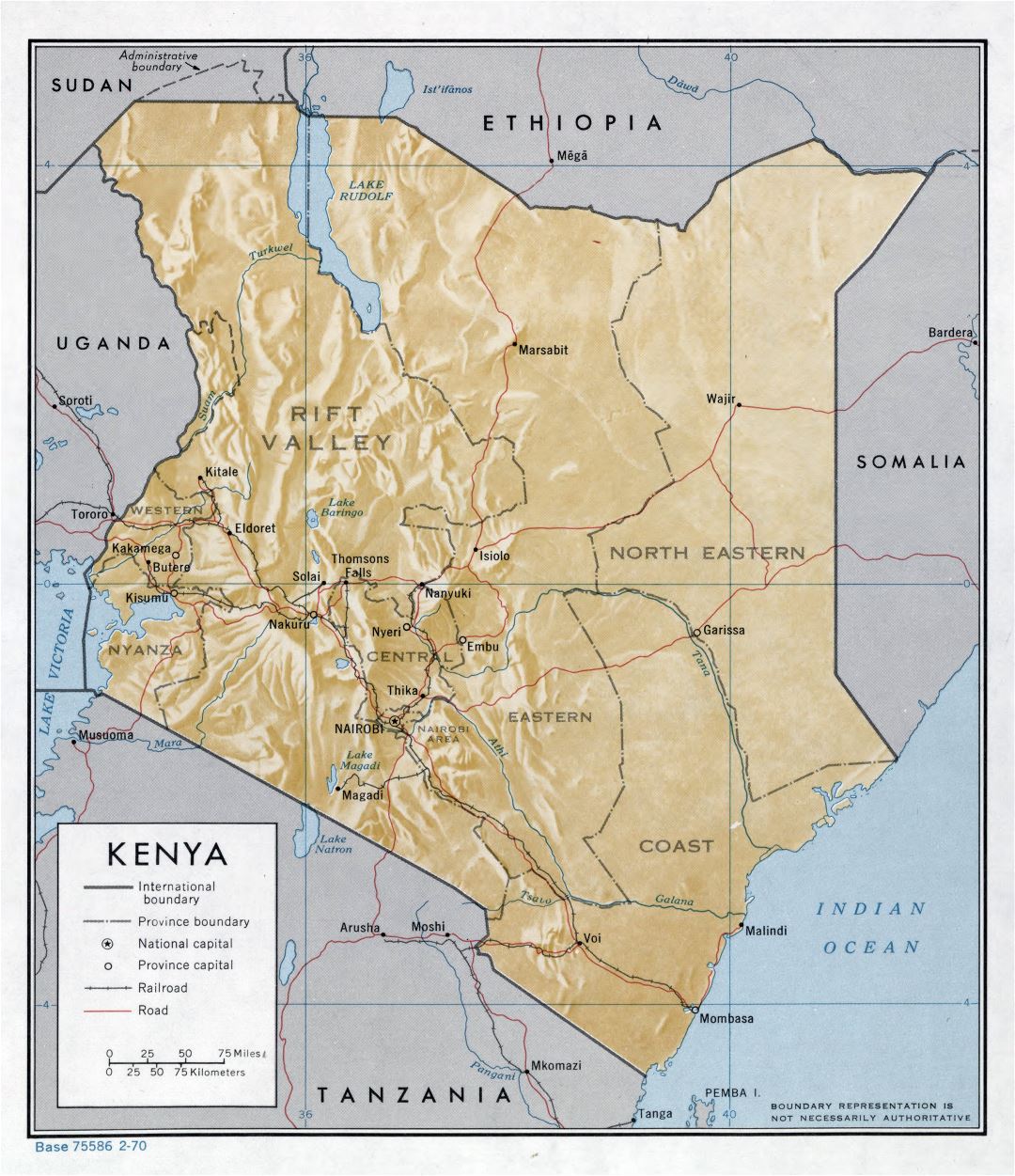 Large detailed political and administrative map of Kenya with relief, roads, railroads and major cities - 1970