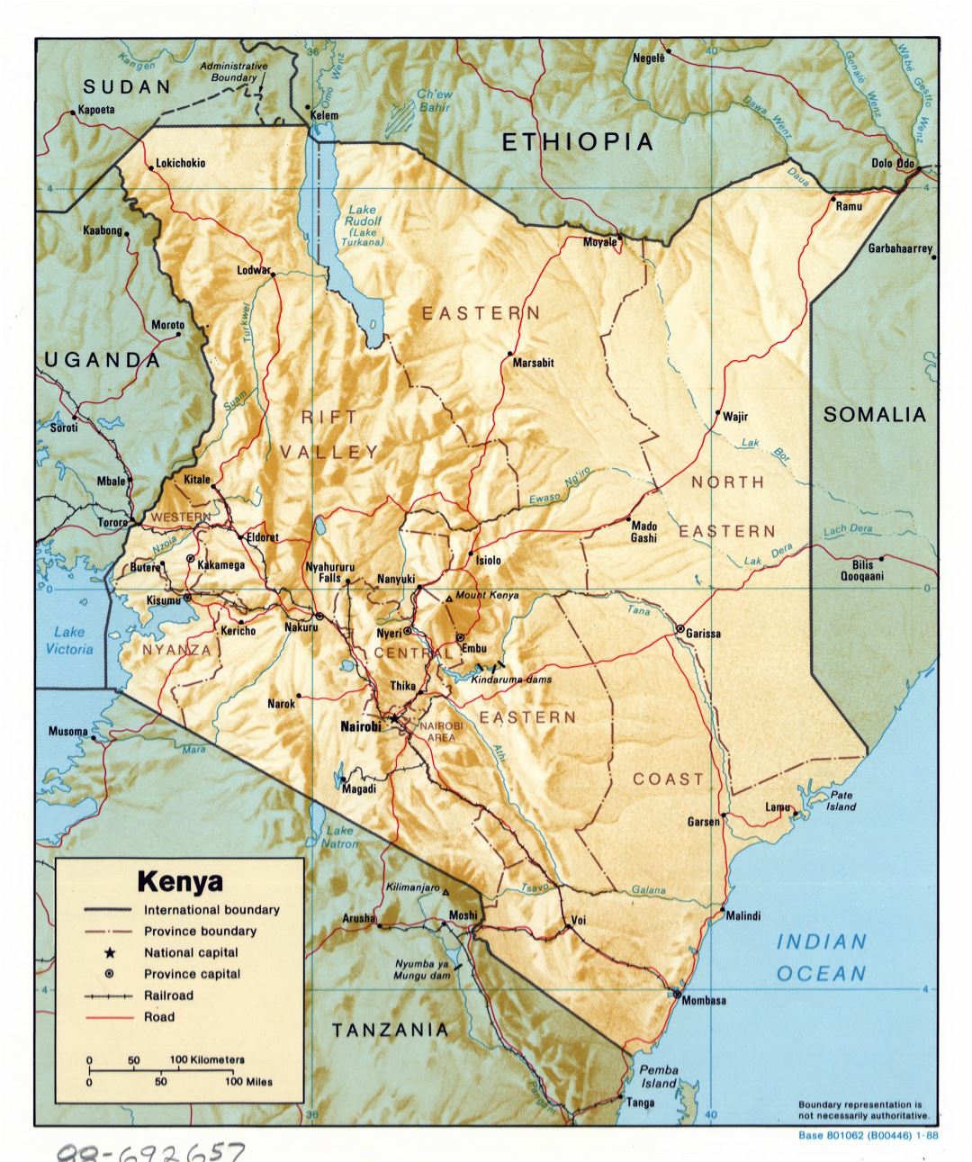 Large detailed political and administrative map of Kenya with relief, roads, railroads and major cities - 1988