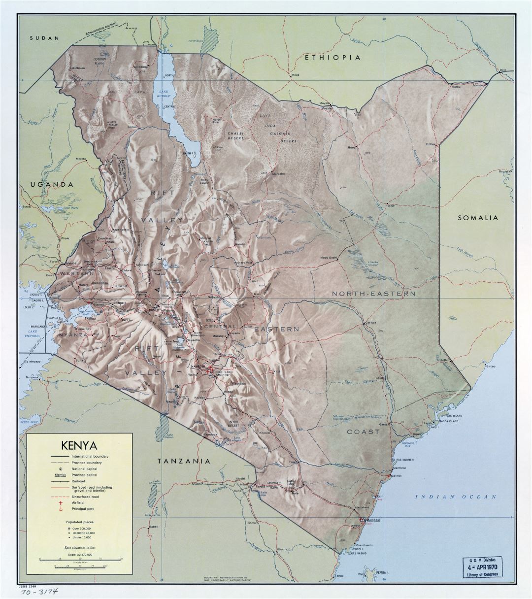 Large detailed political and administrative map of Kenya with relief, roads, railroads, cities, ports and airports - 1969