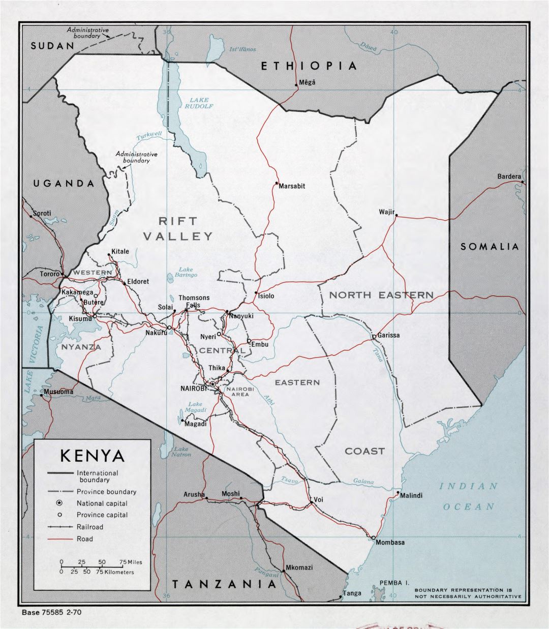Large detailed political and administrative map of Kenya with roads, railroads and major cities - 1970