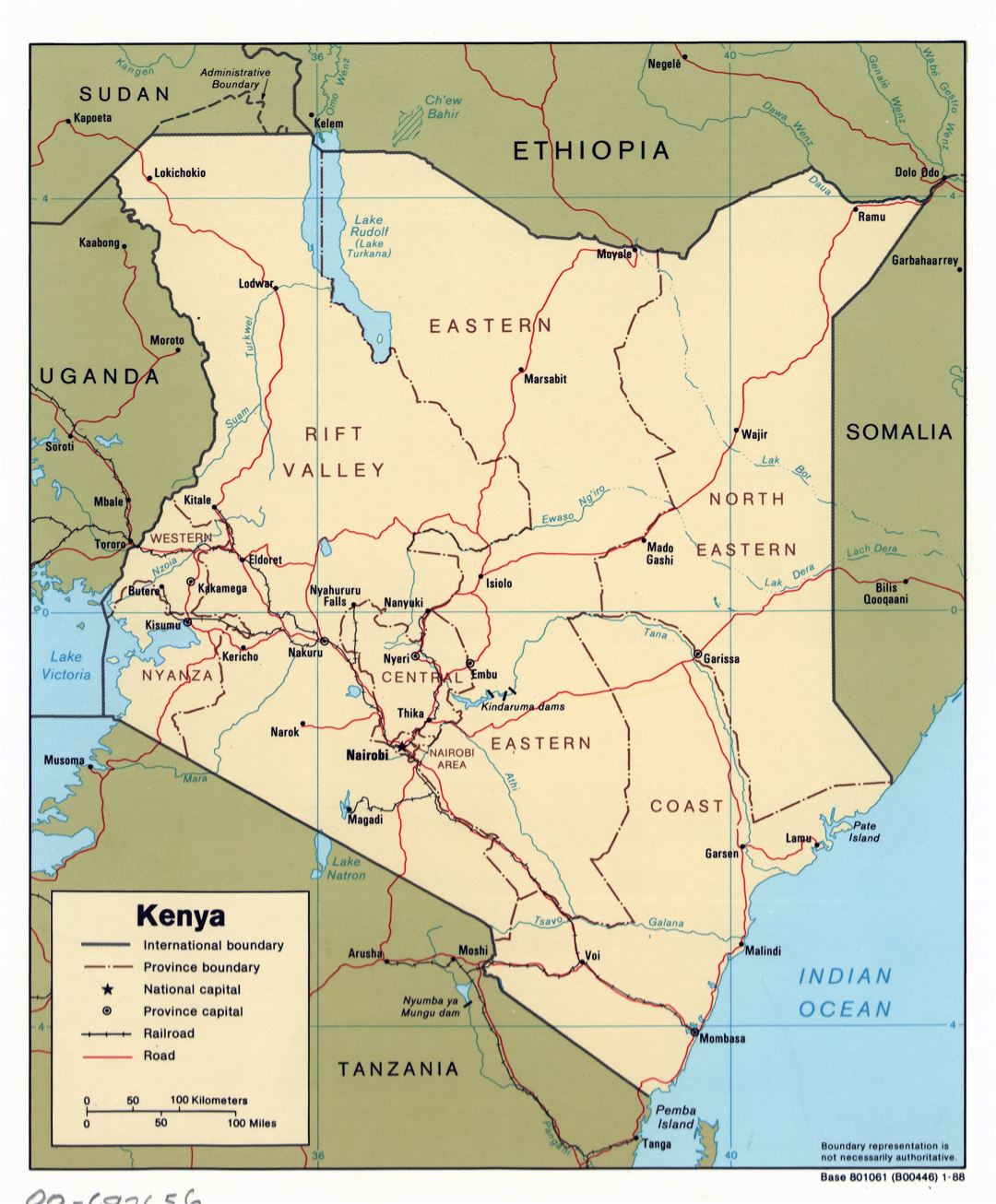 Large detailed political and administrative map of Kenya with roads, railroads and major cities - 1988