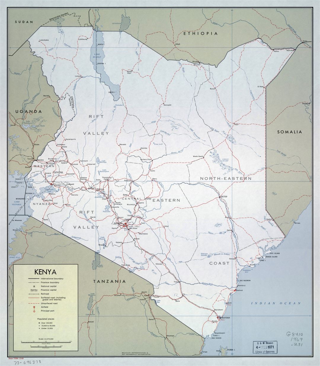 Large detailed political and administrative map of Kenya with roads, railroads, cities, ports and airports - 1969