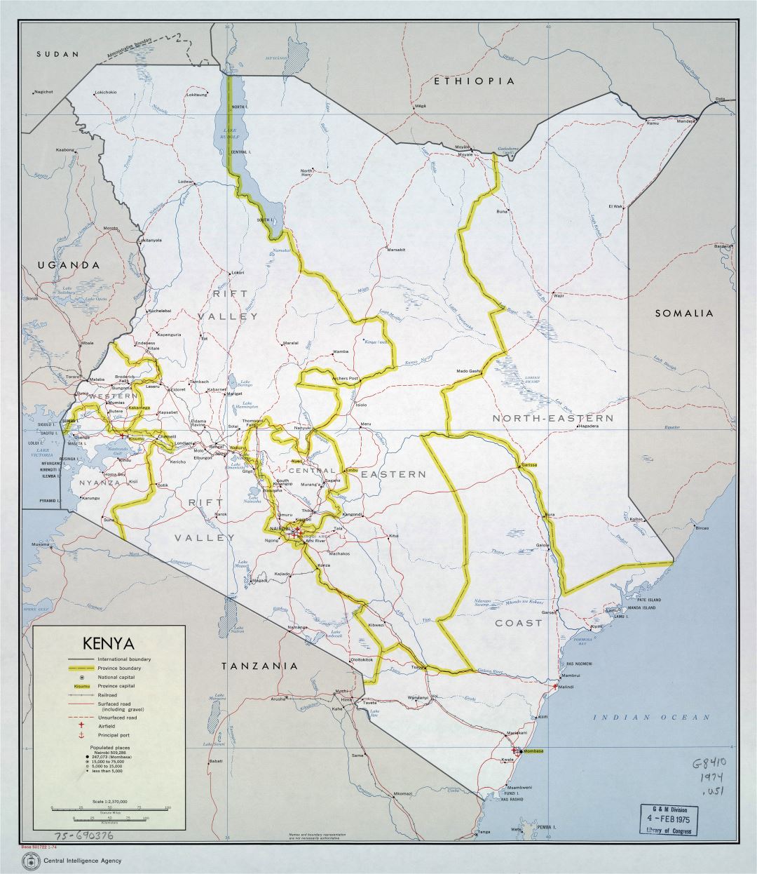 Large detailed political and administrative map of Kenya with roads, railroads, cities, ports and airports - 1974