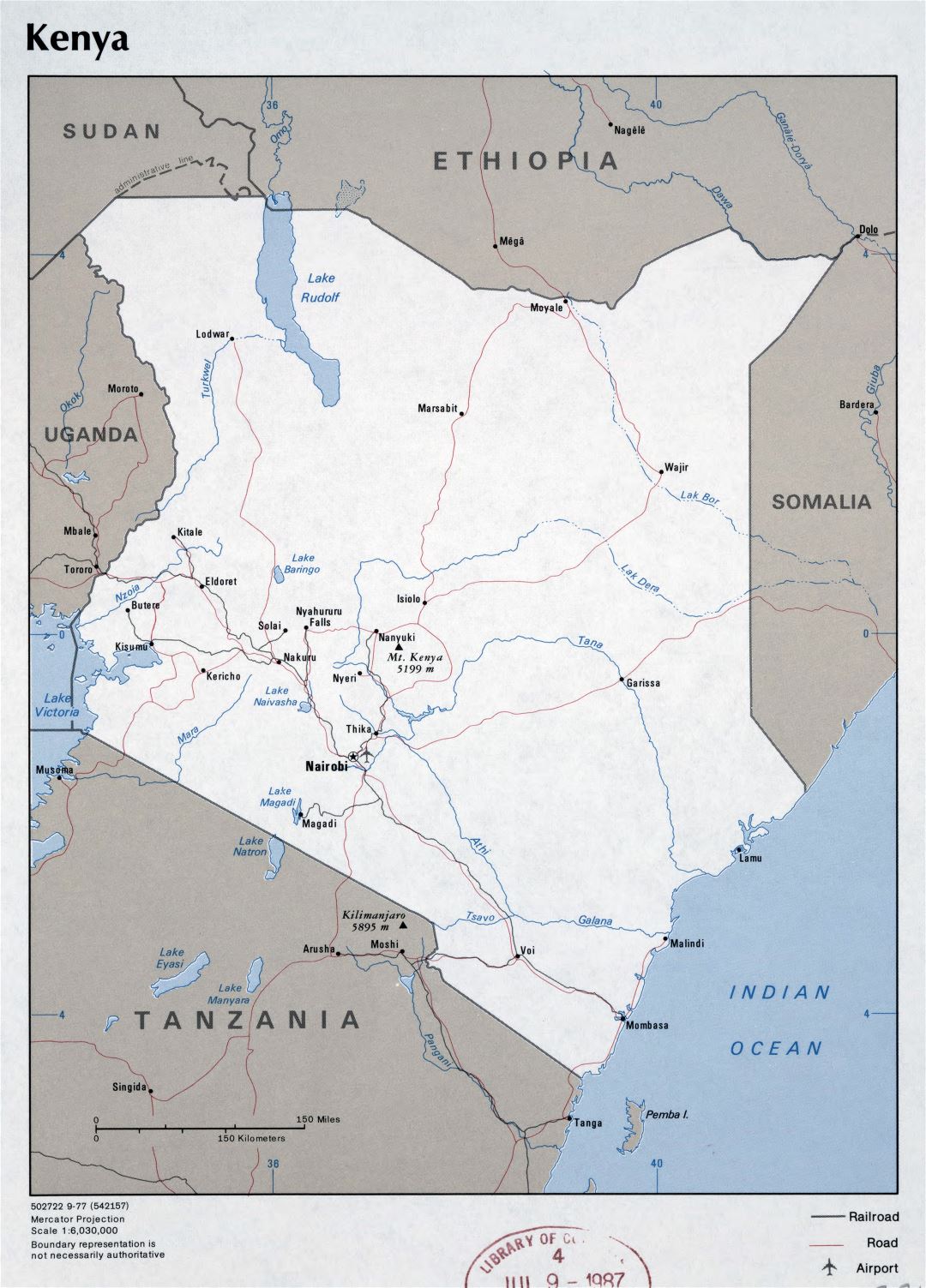 Large detailed political map of Kenya with roads, major cities and airports - 1977