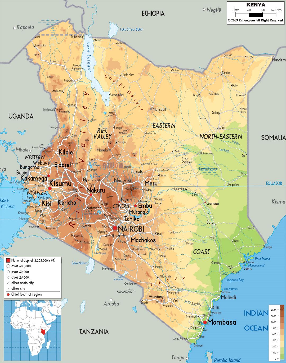 Large physical map of Kenya with roads, cities and airports