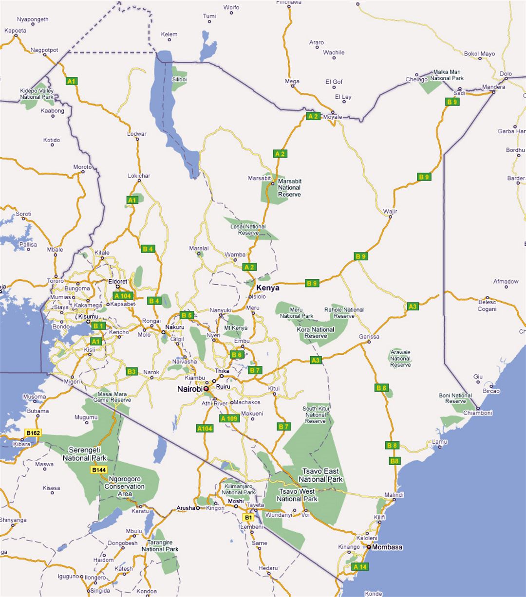 Large road map of Kenya with cities