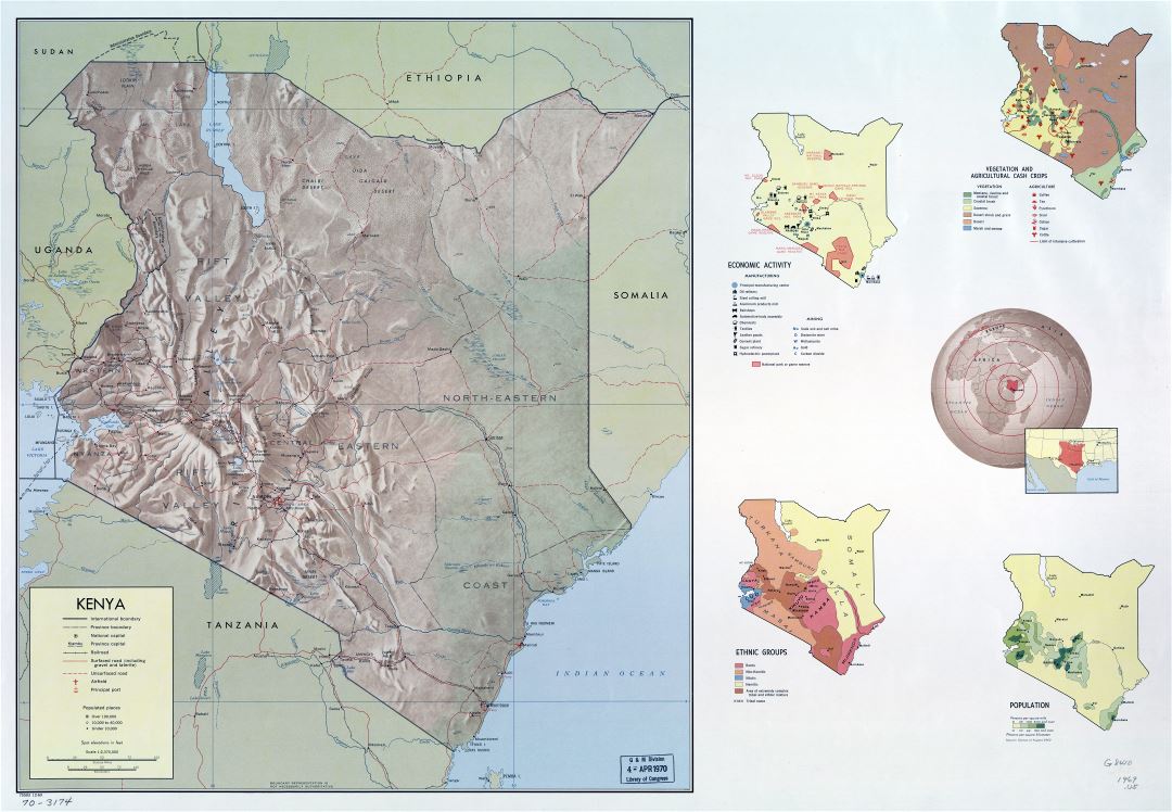 Large scale detailed country profile map of Kenya - 1969