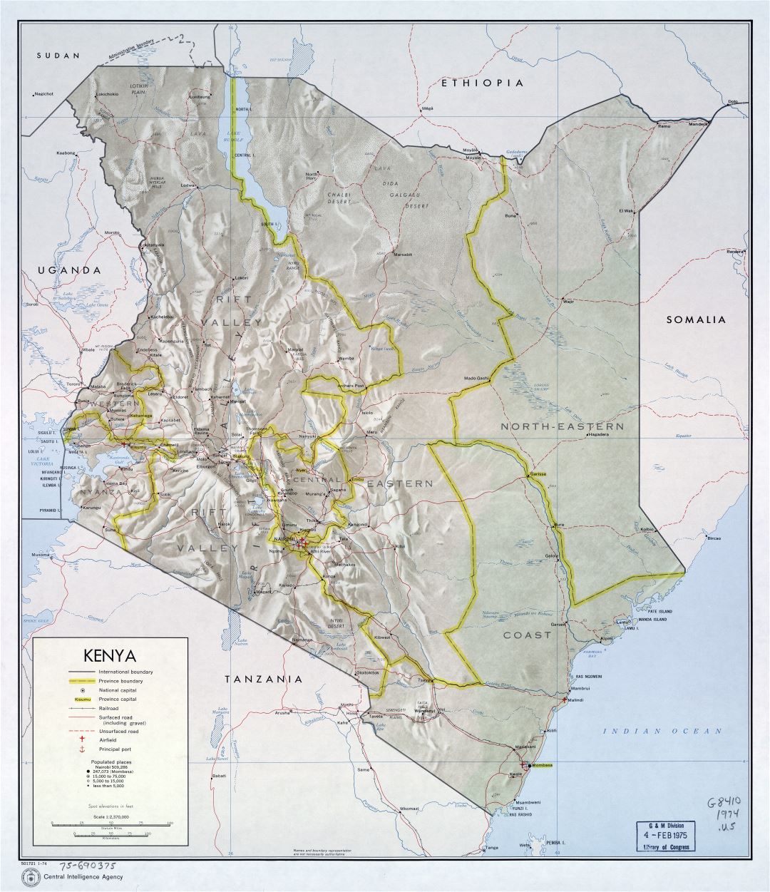 Large scale political and administrative map of Kenya with relief, roads, railroads, cities, ports and airports - 1974