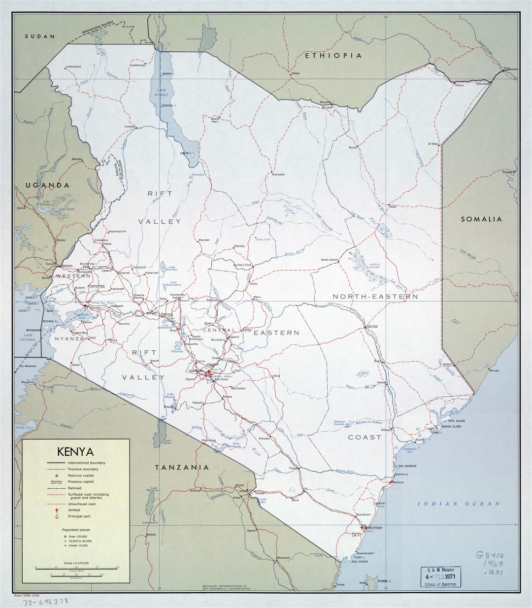 Large scale political and administrative map of Kenya with roads, railroads, cities, ports and airports - 1969