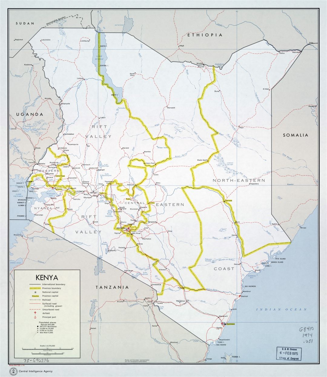 Large scale political and administrative map of Kenya with roads, railroads, cities, ports and airports - 1974