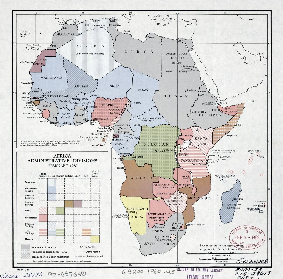 Large detail administrative divisions map of Africa with the marks of major cities - February, 1960