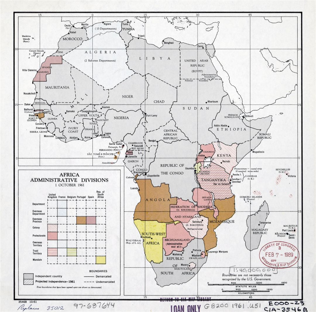 Large detail administrative divisions map of Africa with the marks of major cities - October, 1961