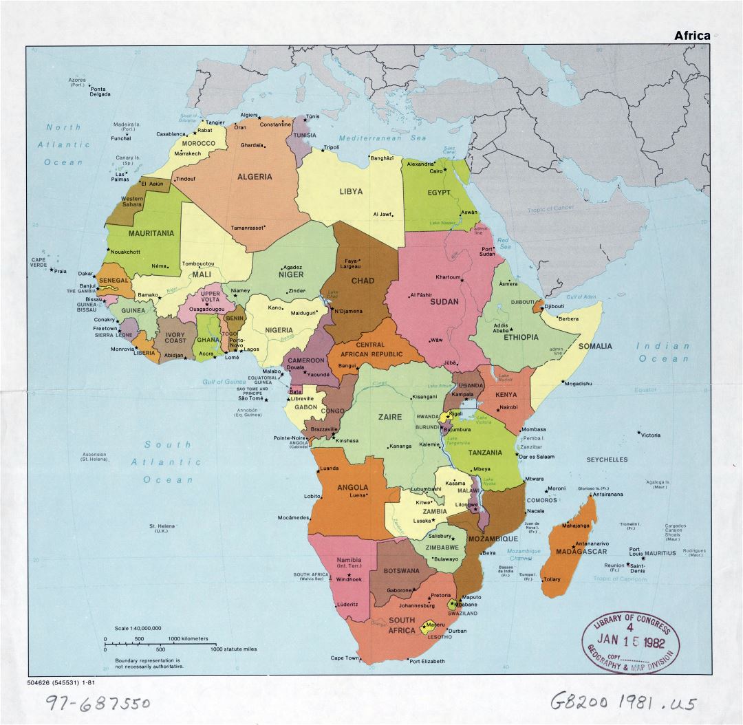 Large detail political map of Africa with the marks of capitals, major cities and names of countries - 1981
