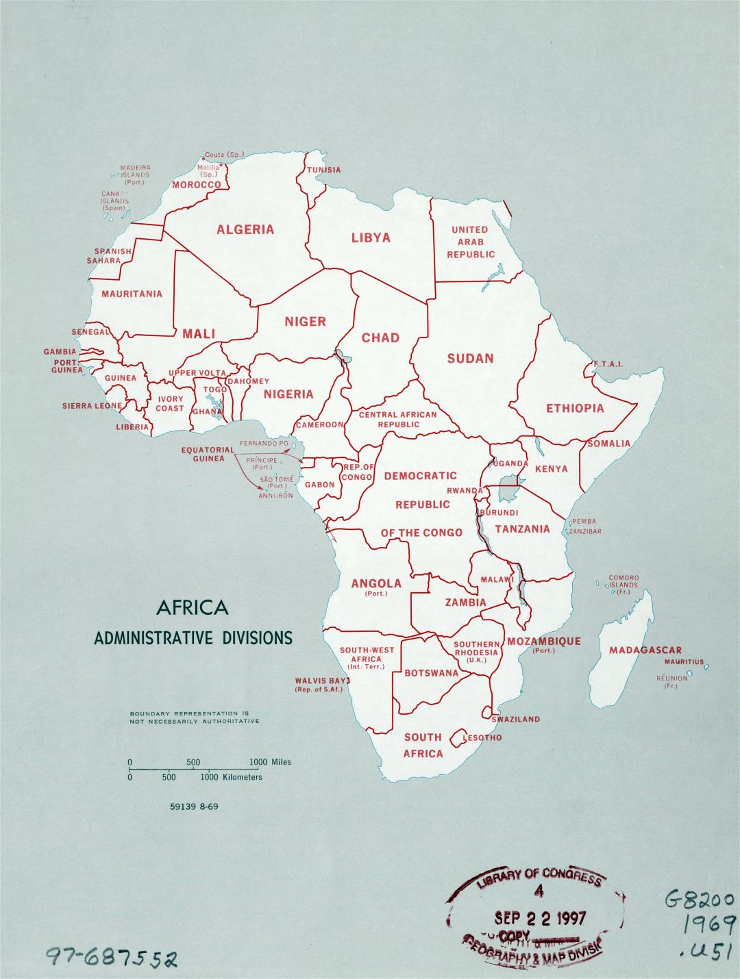 Large detailed administrative divisions map of Africa - 1969