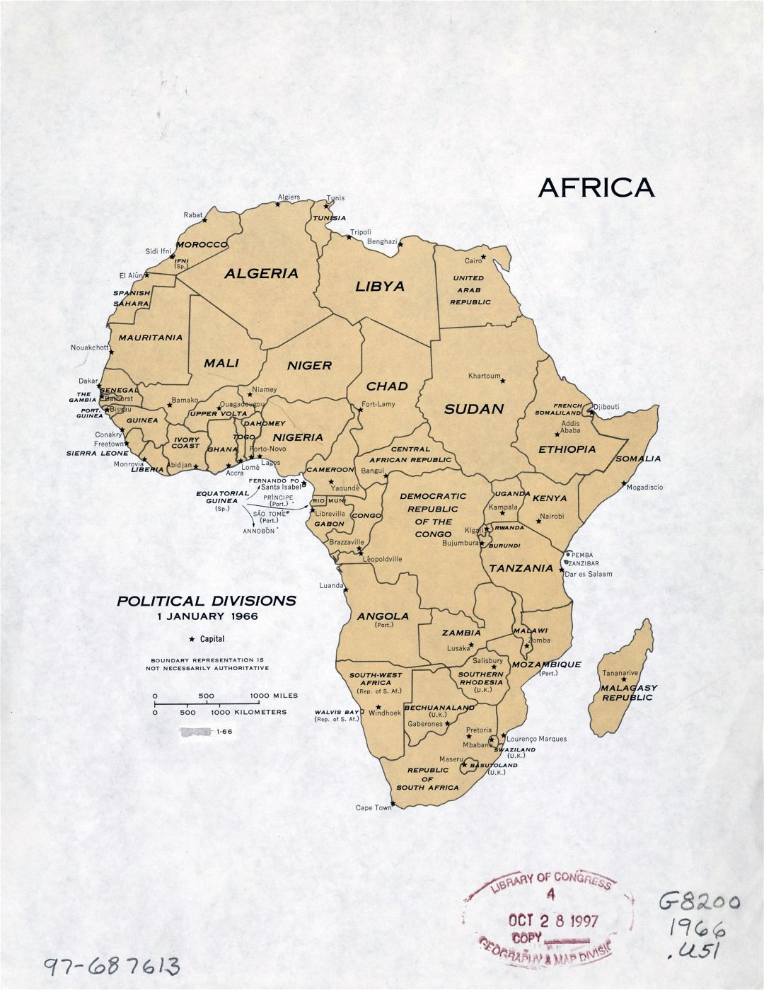 Large detailed political divisions map of Africa with capitals - January, 1966