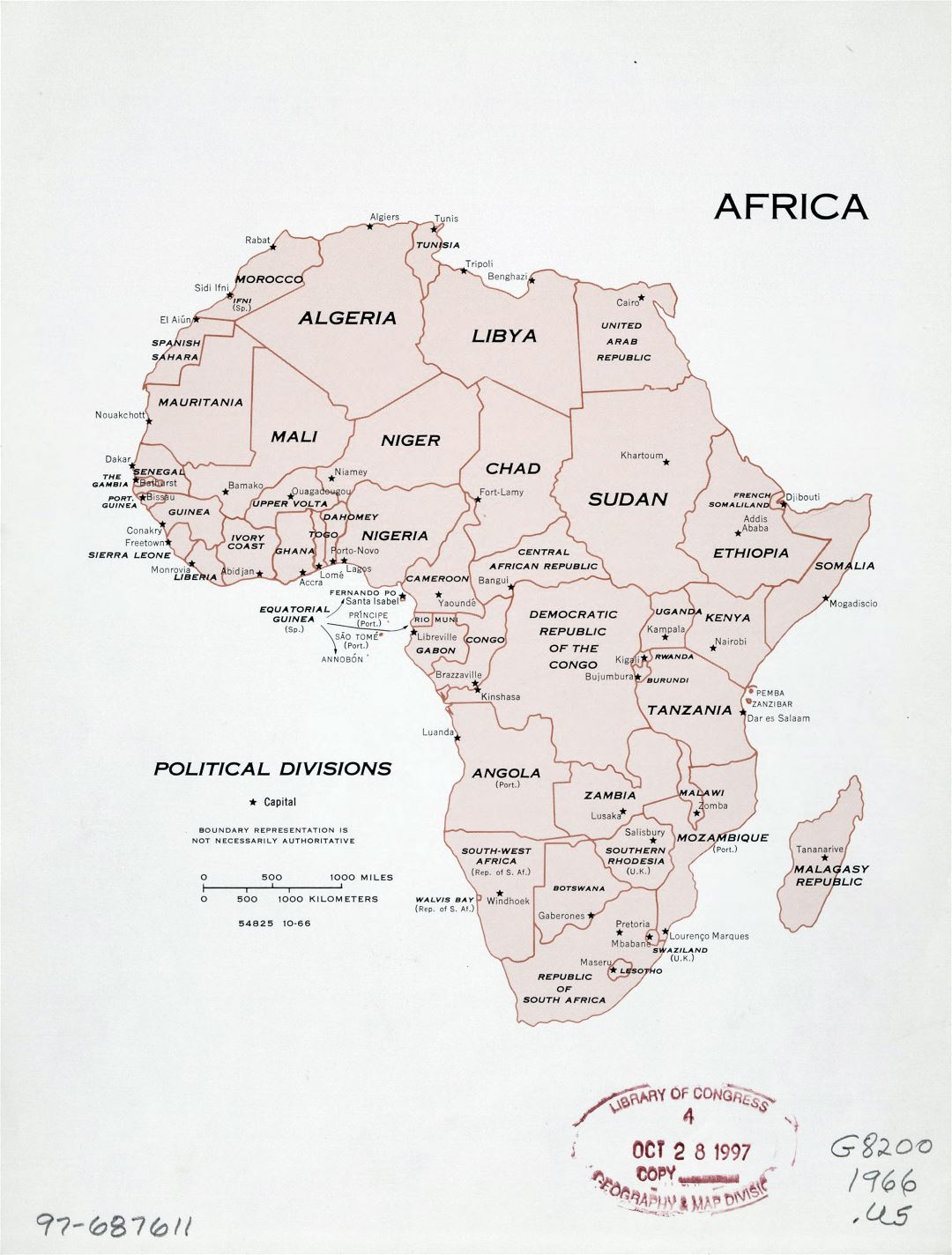 Large detailed political divisions map of Africa with marks of capitals - 1966