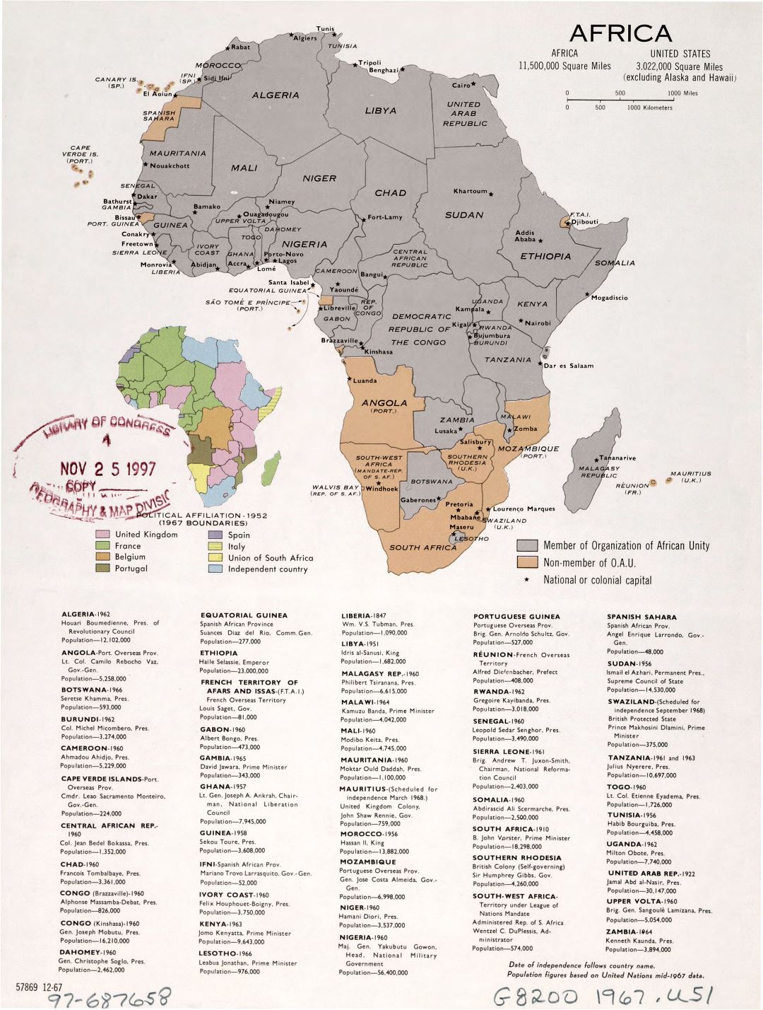 Large detailed political map of Africa with marks of capital cities - December, 1967