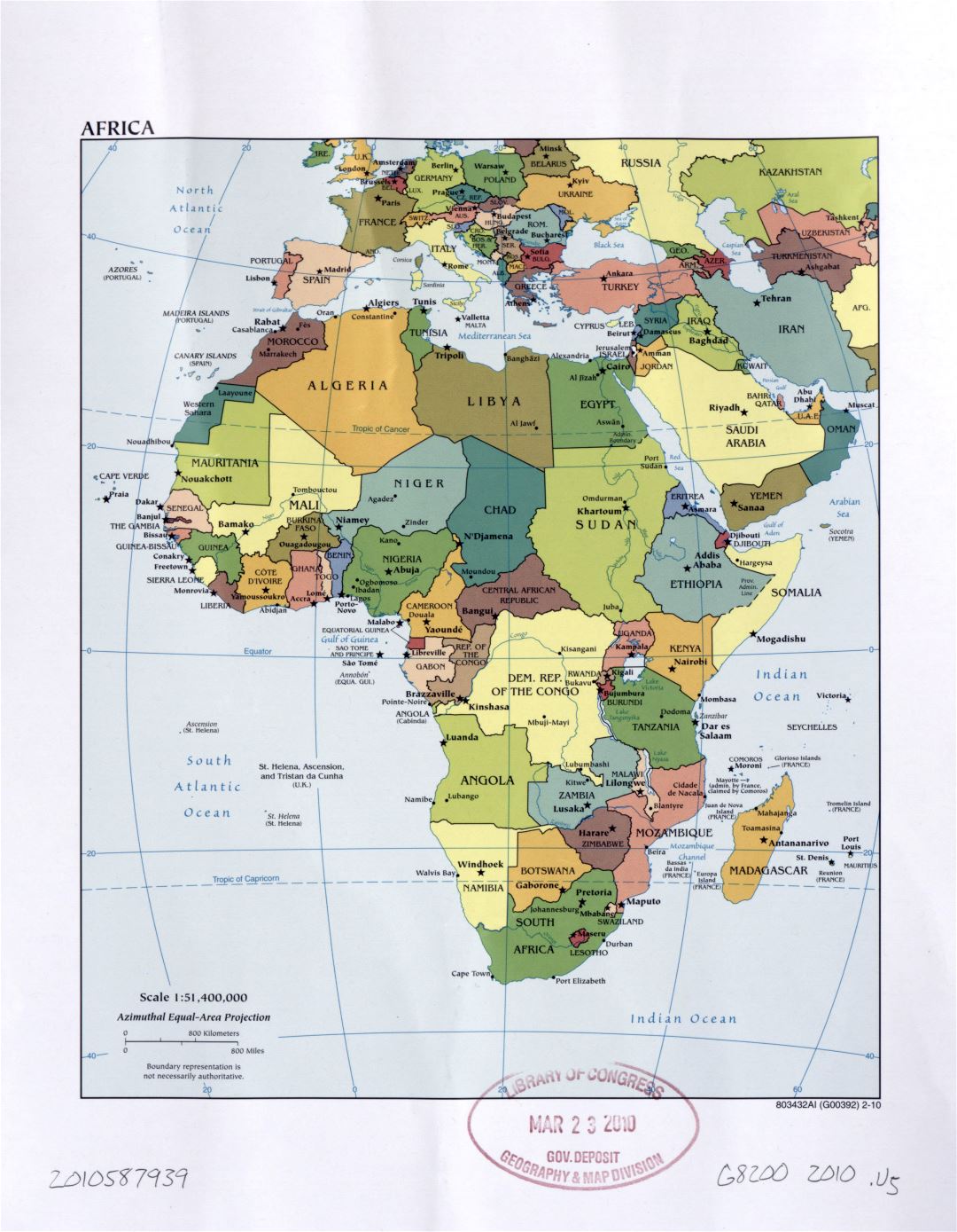 Large detailed political map of Africa with marks of capital cities, large cities and names of countries - 2010