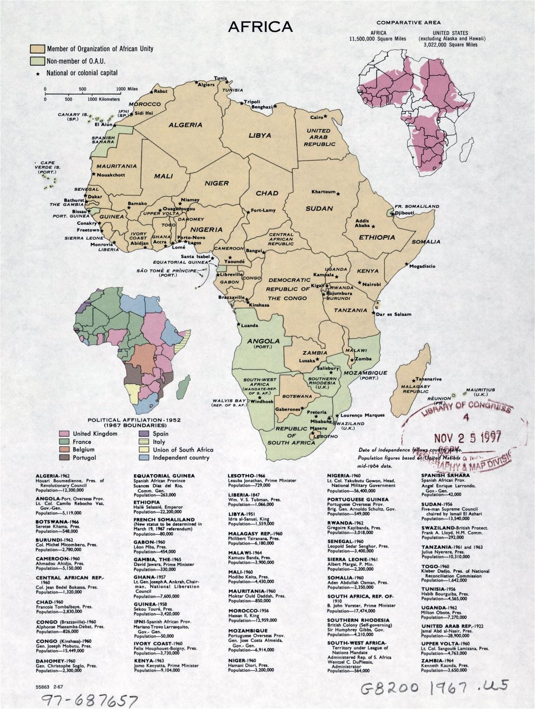 Large detailed political map of Africa with marks of capitals - February, 1967