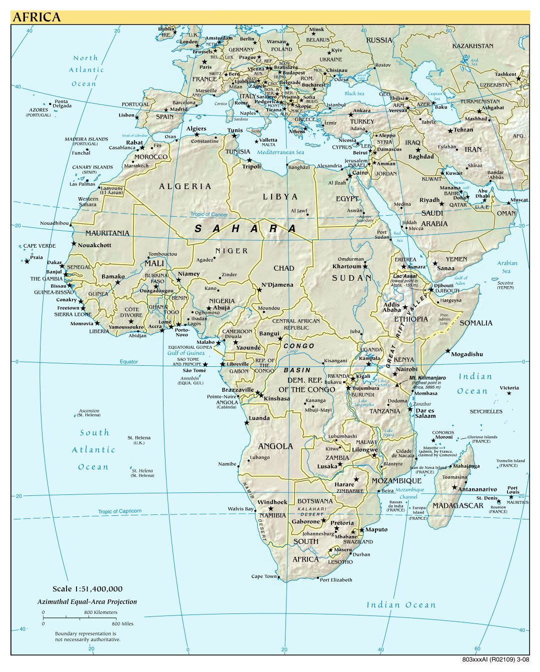 Large detailed political map of Africa with relief and capitals - 2008