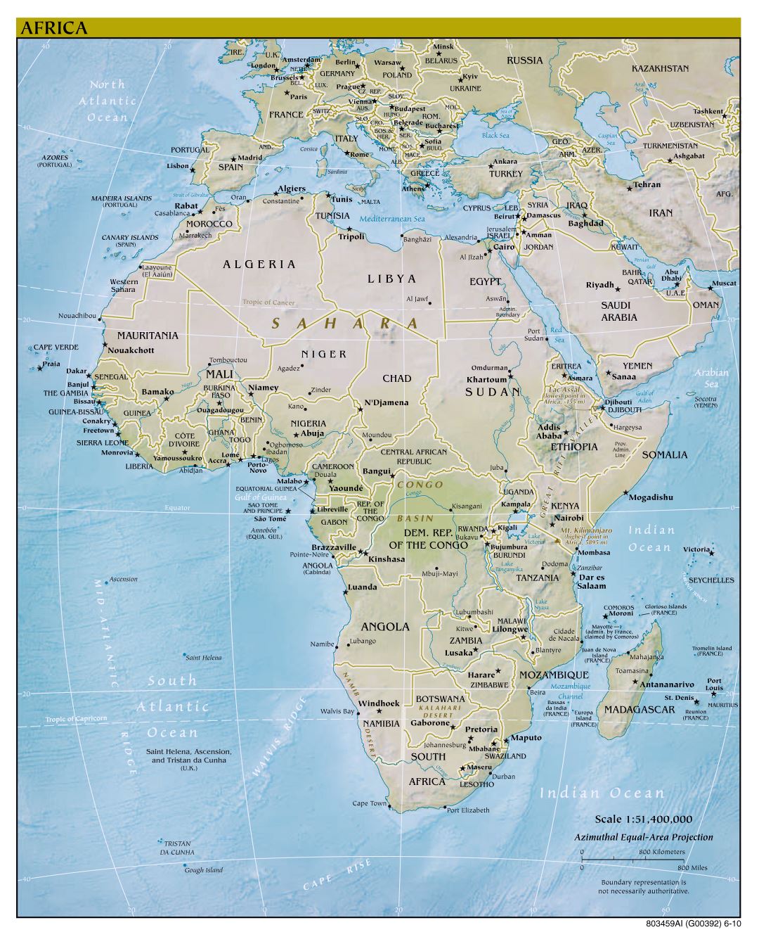Large detailed political map of Africa with relief and capitals - 2010