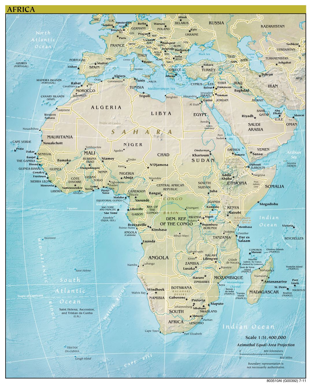 Large detailed political map of Africa with relief, major cities and capitals - 2011