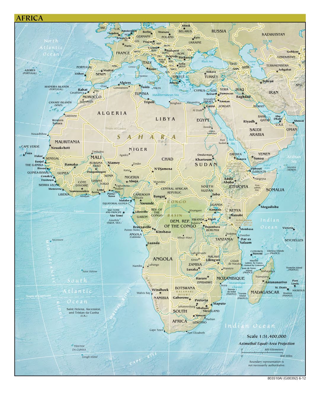 Large detailed political map of Africa with relief, major cities and capitals - 2012