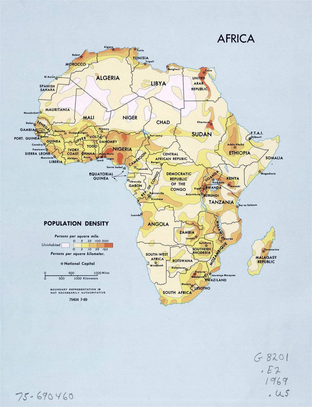 Large detailed population density map of Africa - 1969