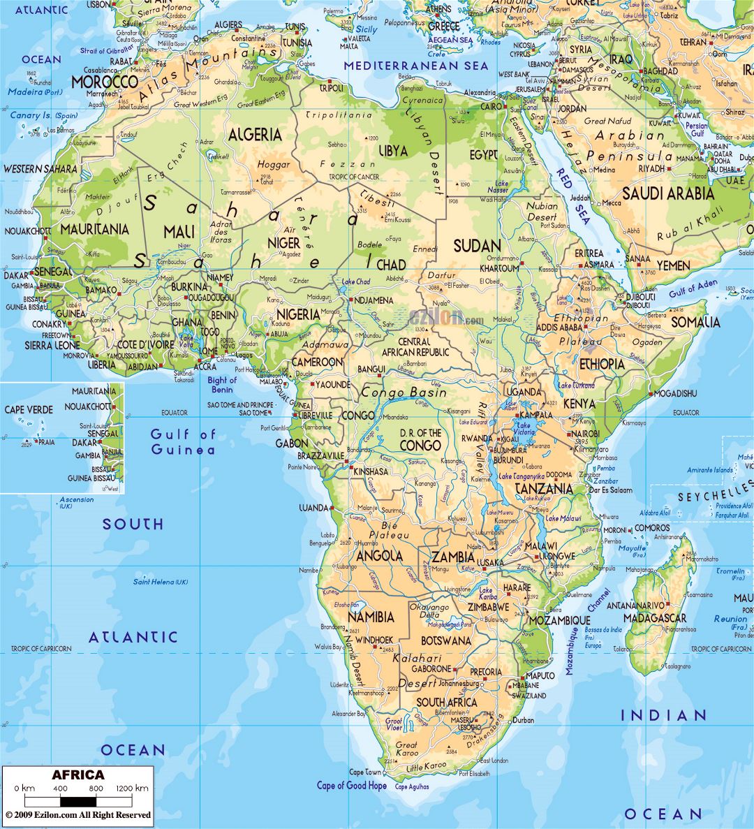 Large physical map of Africa with major roads, capitals and major cities